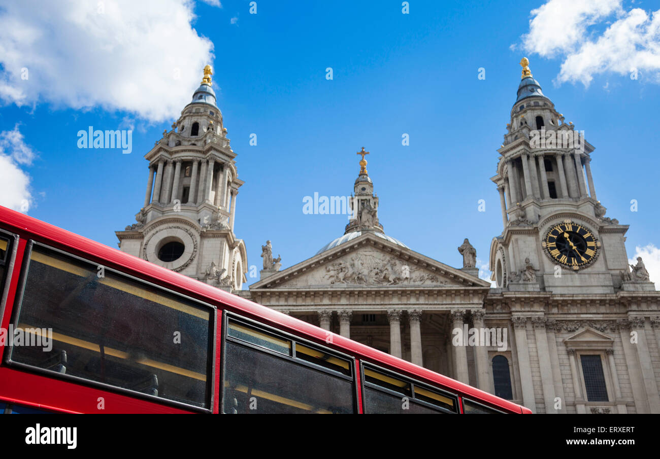 An abstract image of a London Bus and St Paul Cathedral clock tower, London, UK. Stock Photo