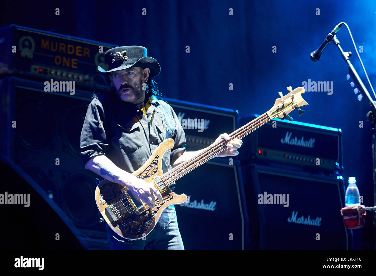 Lemmy Kilmister, frontman of the British hardrock band 'Motörhead',  performs on stage at the music festival 'Rock am Ring' in Mendig, Germany,  07 June 2015. The festival lasts until 7 June 2015.