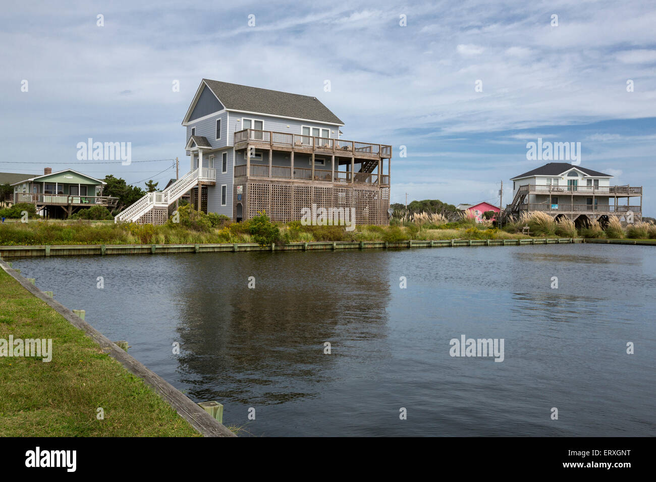 Outer Banks, Hatteras Village, North Carolina.  Vacation Houses, Living Areas Elevated to avoid Storm Surges. Stock Photo