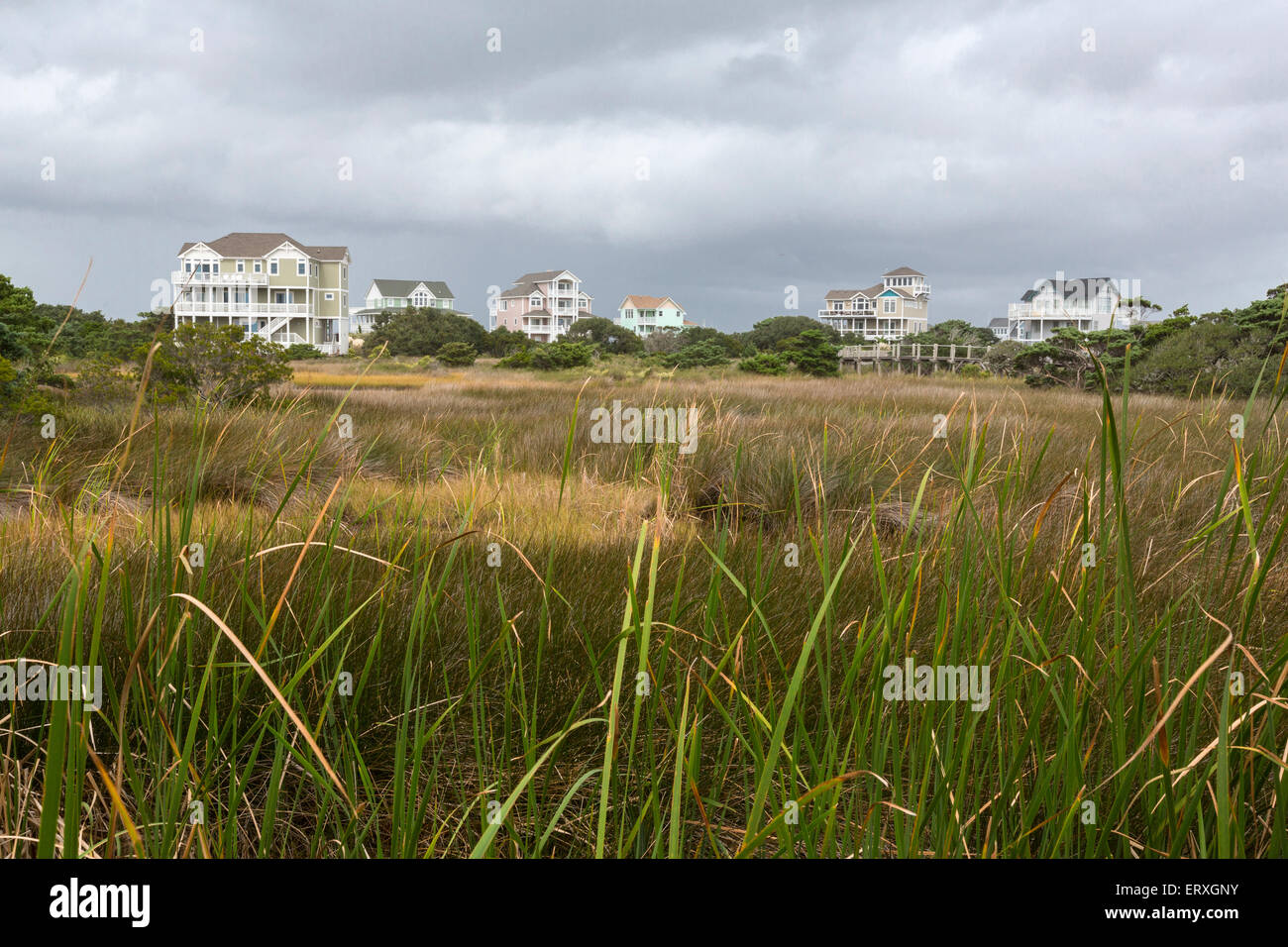 Outer Banks, North Carolina. Hatteras Village Houses and Wetlands Stock