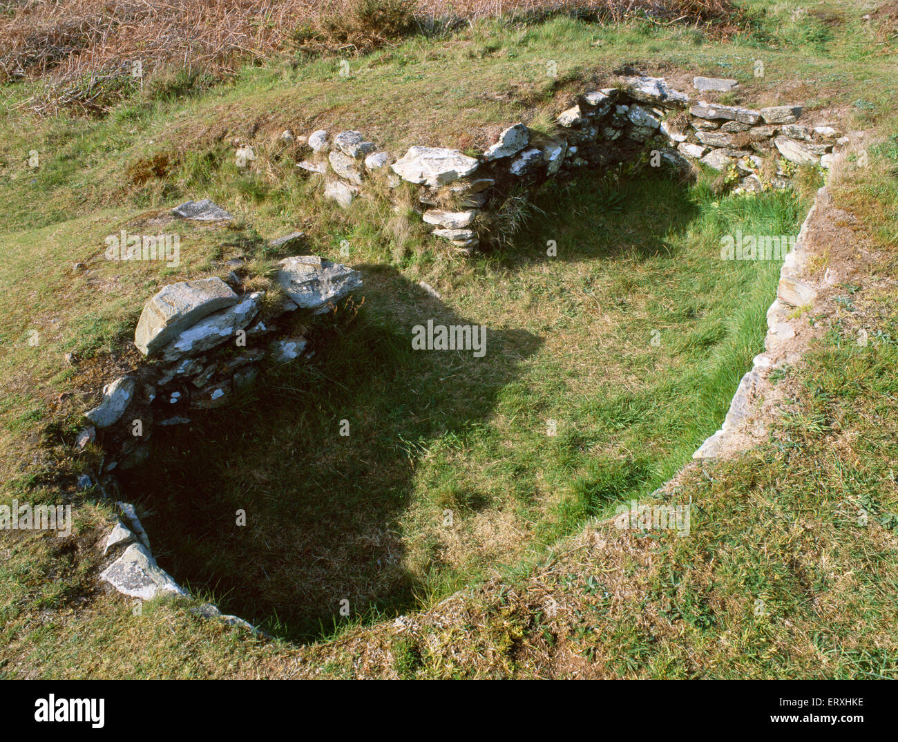 Ty Mawr West Iron Age hut circles below Holyhead Mountain, Anglesey: sub-rectangular hut M which may have been used as a smithy. Stock Photo