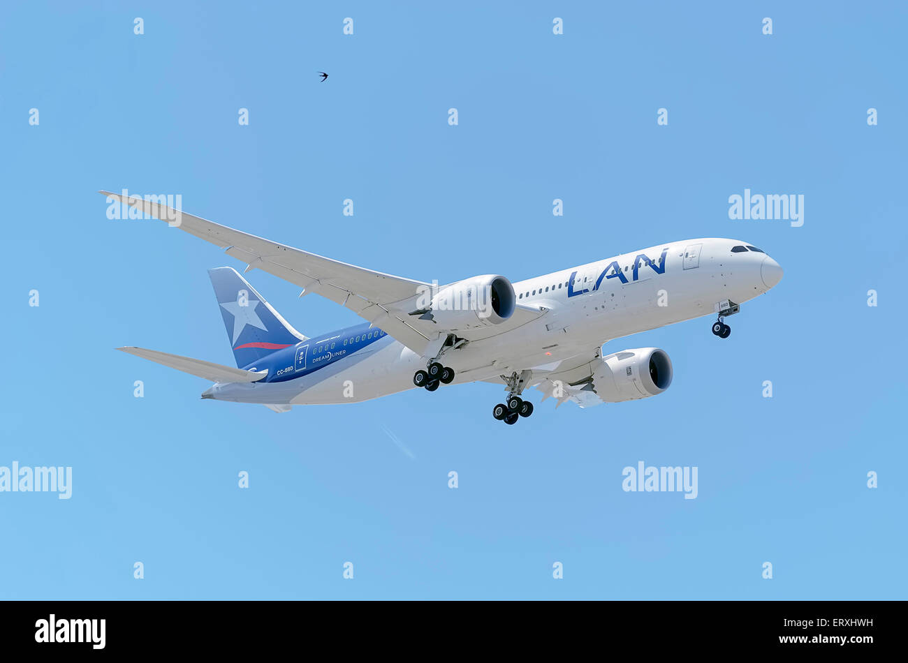 Aircraft -Boeing 787-8 Dreamliner-, of -LAN Airlines- airline, landing on Madrid-Barajas -Adolfo Suarez- airport. Stock Photo