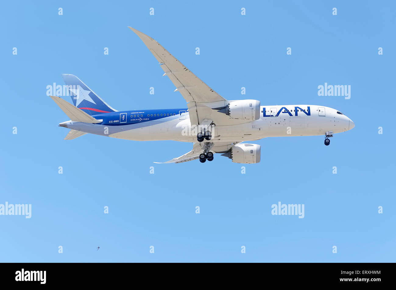 Aircraft -Boeing 787-8 Dreamliner-, of -LAN Airlines- airline, landing on Madrid-Barajas -Adolfo Suarez- airport. Stock Photo