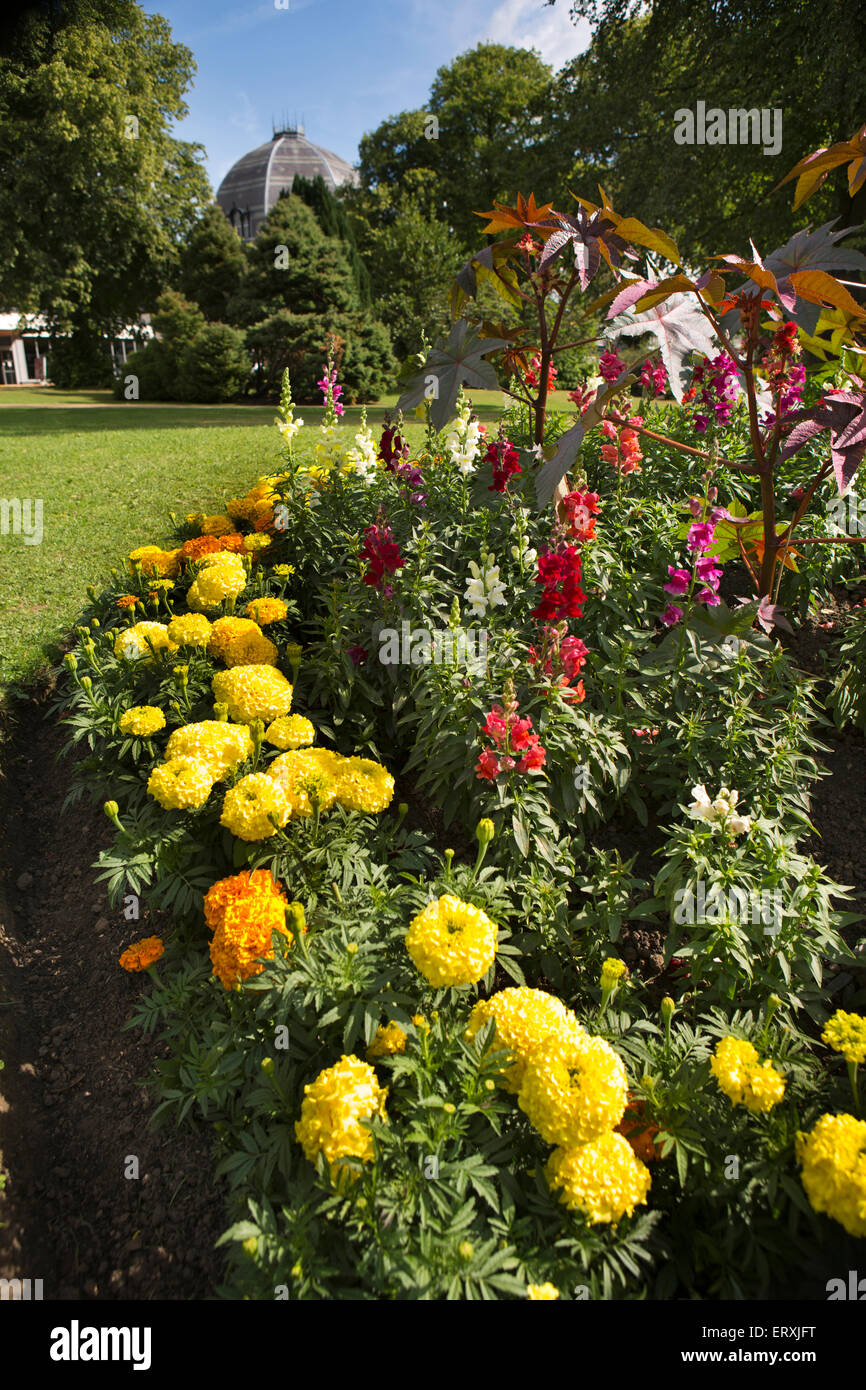 UK, England, Derbyshire, Buxton, Pavilion Gardens, colourfully planted floral bed Stock Photo