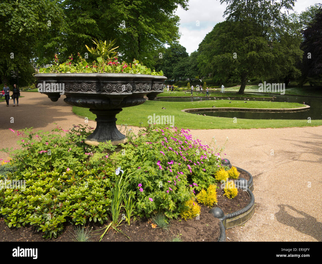 UK, England, Derbyshire, Buxton, Pavilion Gardens, floral planter Stock Photo