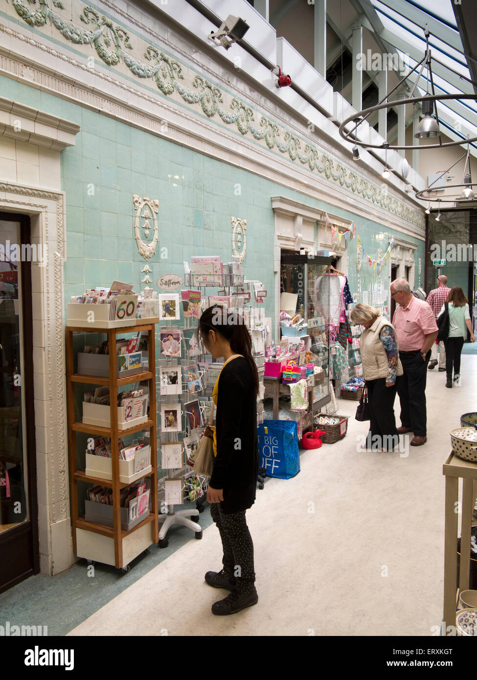 UK, England, Derbyshire, Buxton, The Crescent, shoppers in Cavendish Arcade shopping centre, former baths Stock Photo
