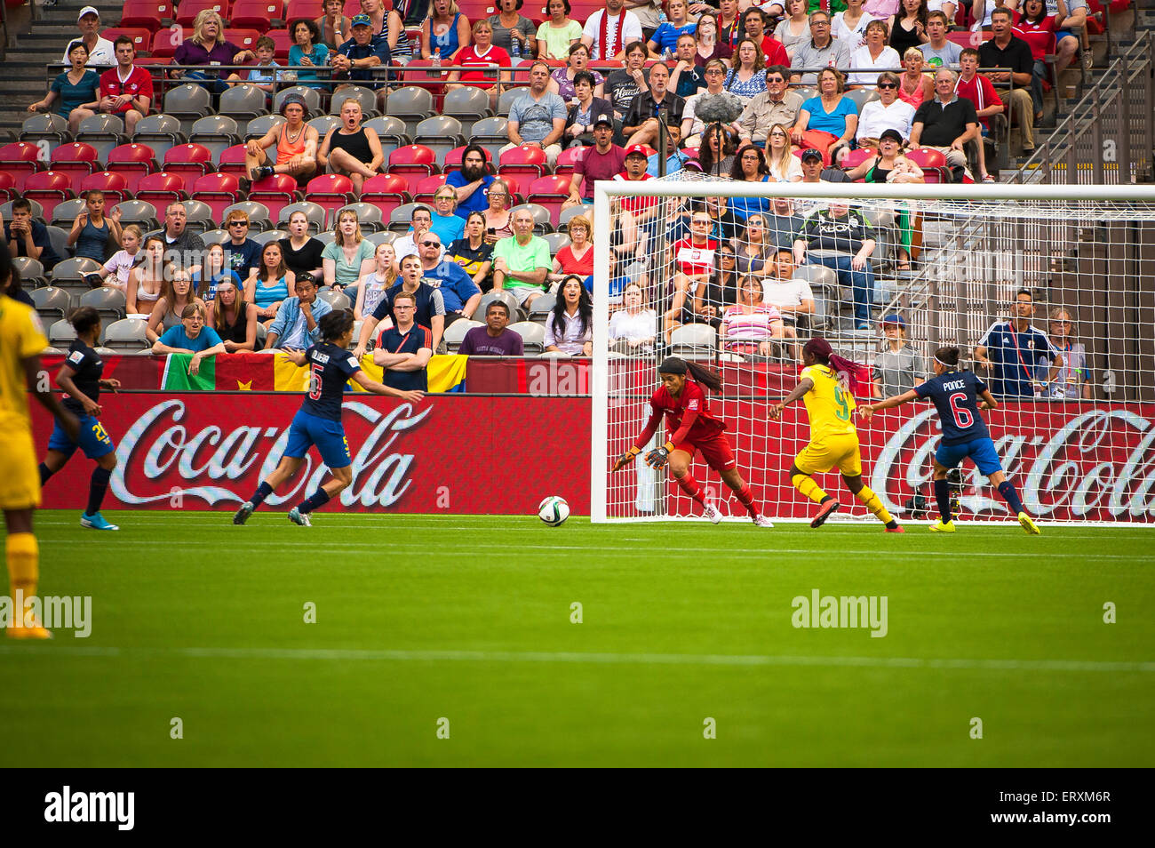 Vancouver, Canada. 8th June, 2015. Ecuador goalkeeper Shirley BERRUZ (#1) dives to protect the ball during the opening round match between Cameroon and Ecuador of the FIFA Women's World Cup Canada 2015 at BC Place Stadium. Cameroon won the match 6-0. Credit:  Matt Jacques/Alamy Live News Stock Photo