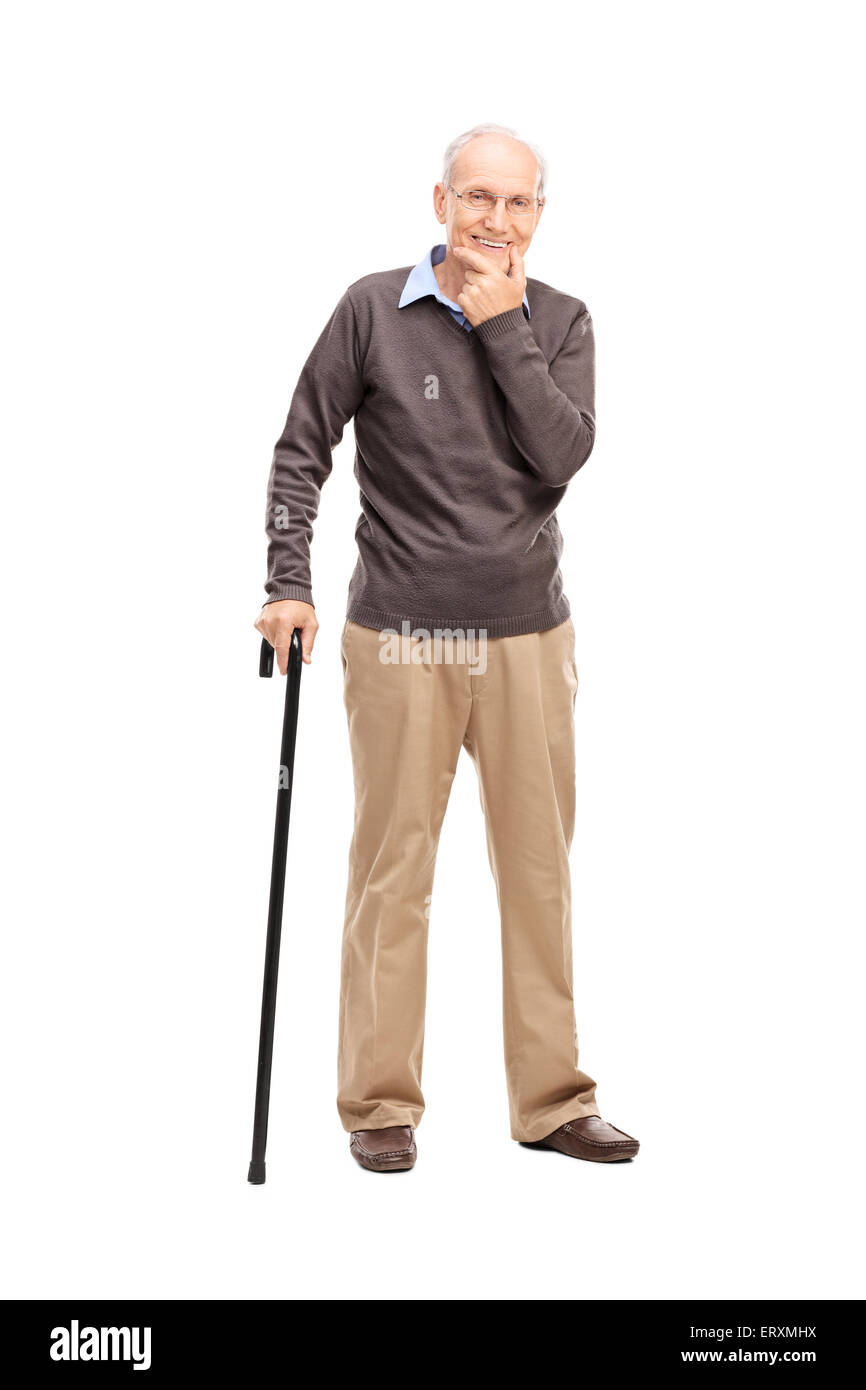 Full length portrait of a casual senior with a black wooden cane posing  isolated on white background Stock Photo - Alamy