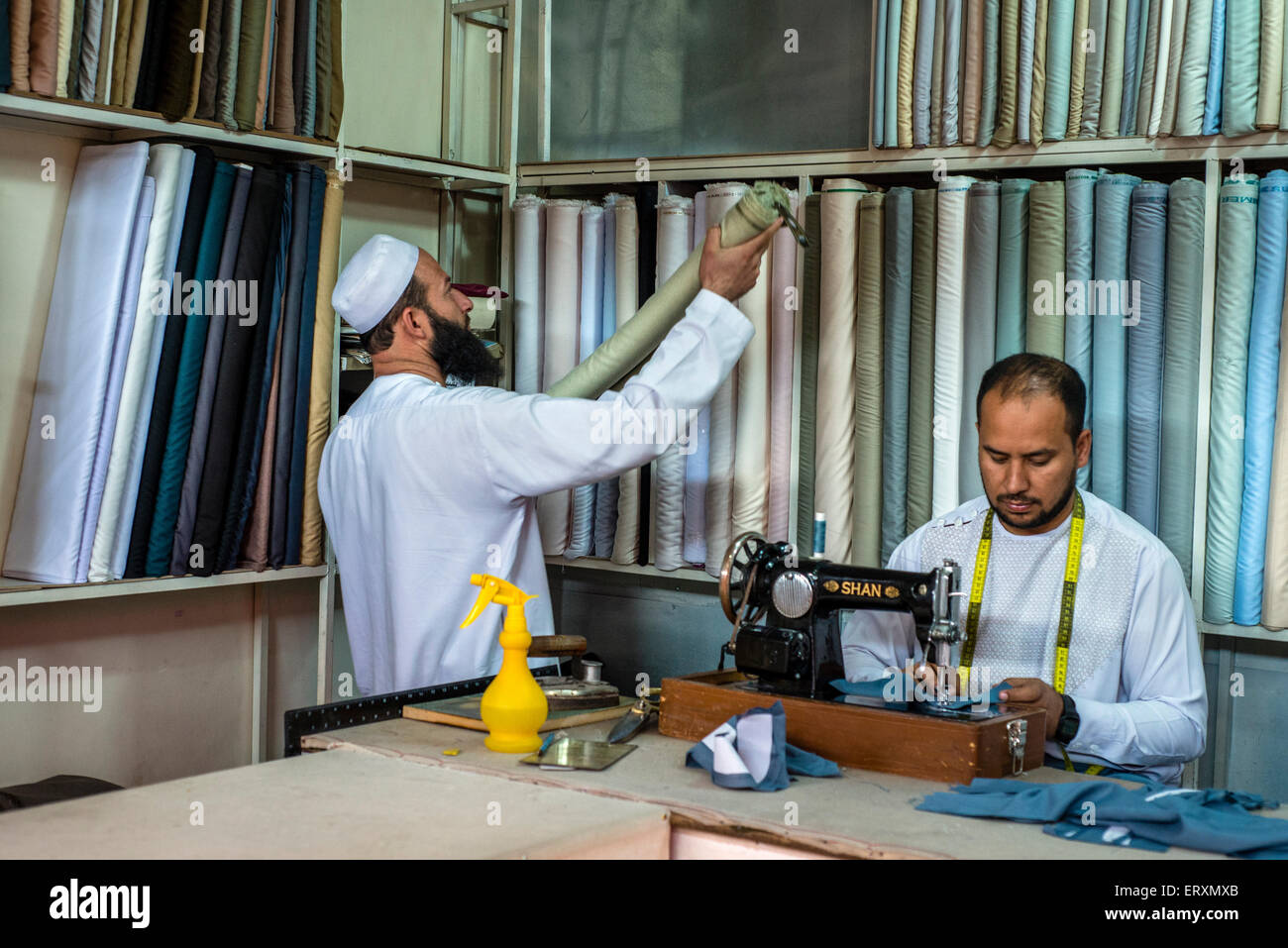 Tailors shop of traditional Afghan clothes, Kabul, Afghanistan Stock Photo