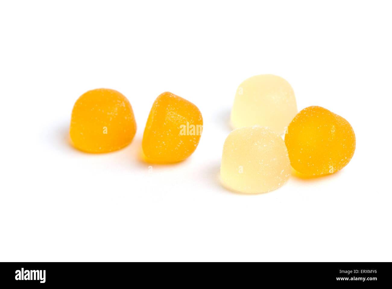 Fruity gummy candy covered in sugar isolated on a white background. Stock Photo