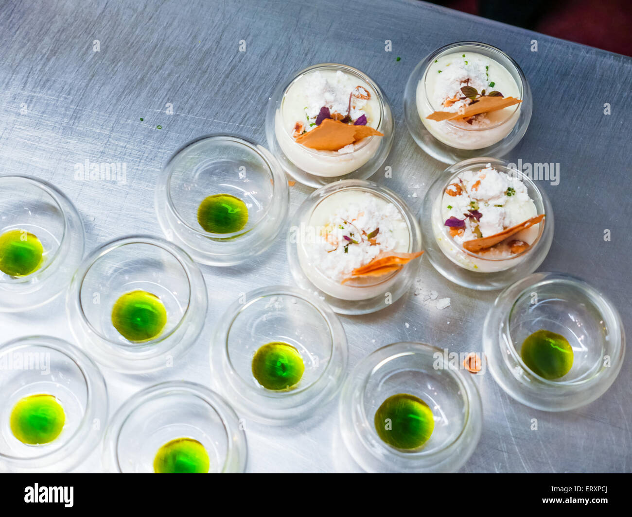 Amuse Bouche Artichoke Foam Desserts on a Metal Kitchen Table Stock Photo