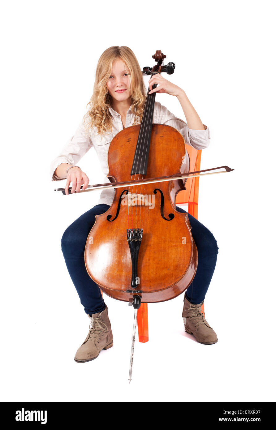 blond girl playing the double bass Stock Photo