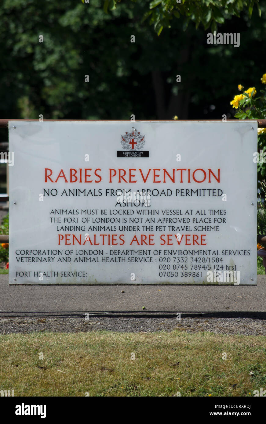 rabies prevention sign at teddington lock, on the river thames Stock Photo