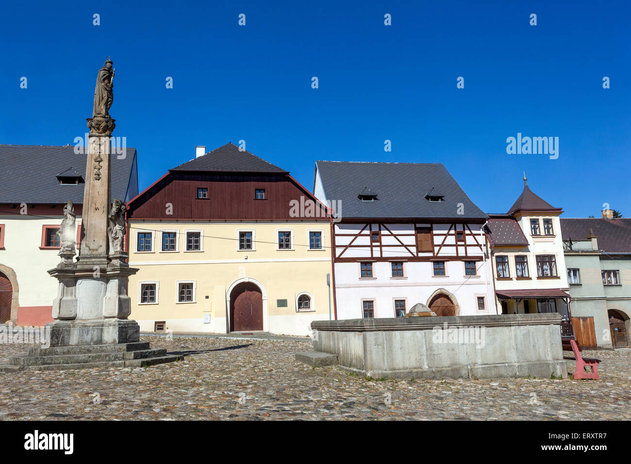 Czech Republic Utery, a small picturesque town, Plzen Region West Bohemia, Renaissance Townhouses Cobblestone square Stock Photo