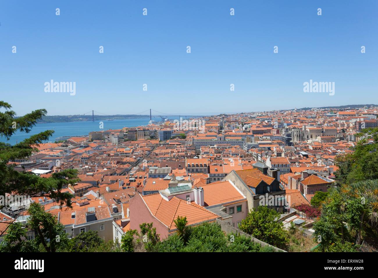 A view over the red rooftops of Lisbon city, the capital city of Portugal from the Castelo de Sao Jorge. Stock Photo