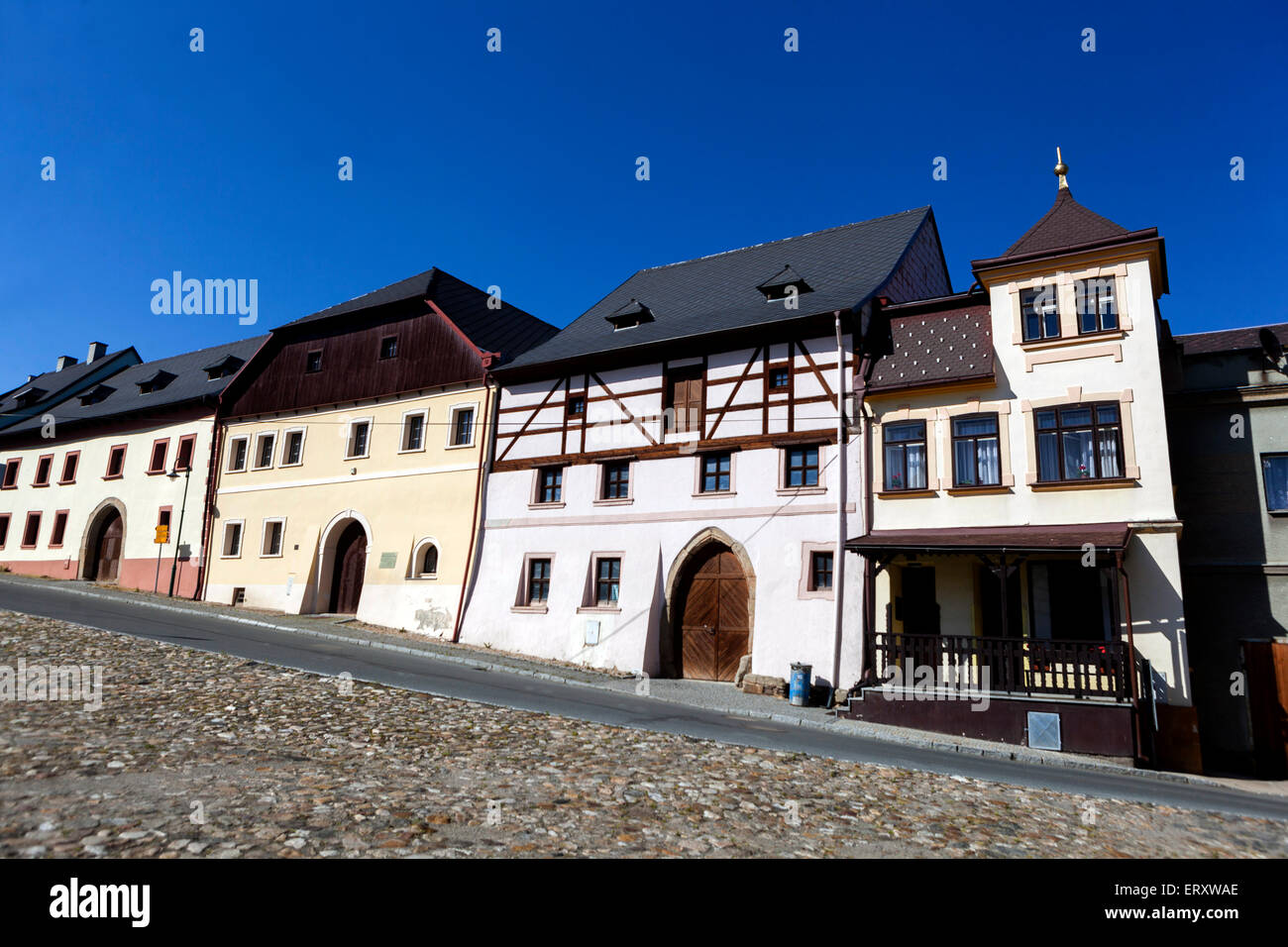 Czech Republic Utery, a small picturesque town, Plzen Region West Bohemia, Renaissance Townhouses Cobblestoned square Stock Photo