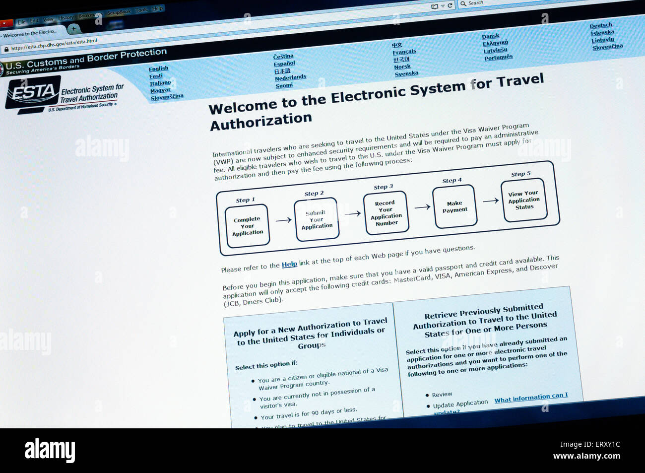 Homepage of the American ESTA Electronic System for Travel Authorization website. Stock Photo