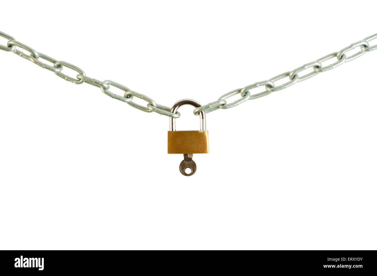 Brass padlock with key on a steel chain. Isolated on white background ...