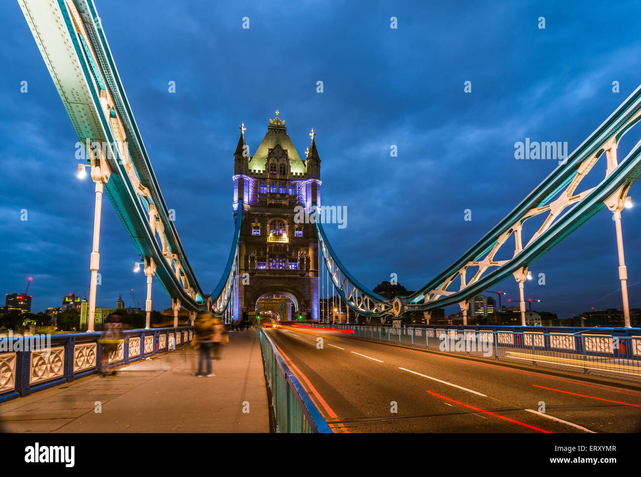 Bridge Tower night view from the bridge, London United Kingdom. A combined bascule and suspension bridge which crosses the River Stock Photo