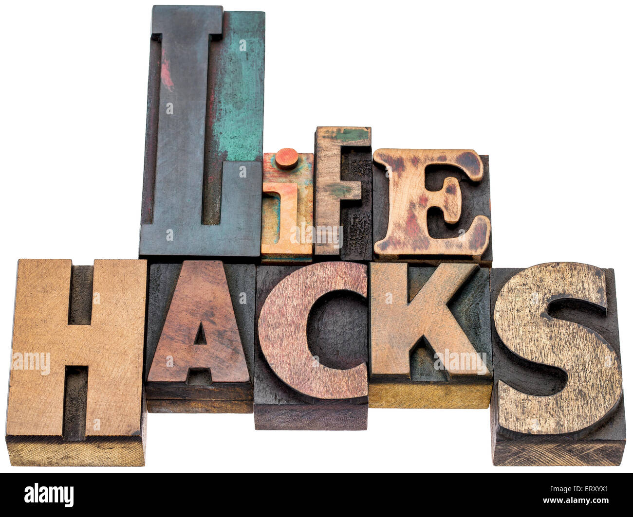 life hacks  - isolated word abstract in mixed vintage letterpress printing blocks Stock Photo