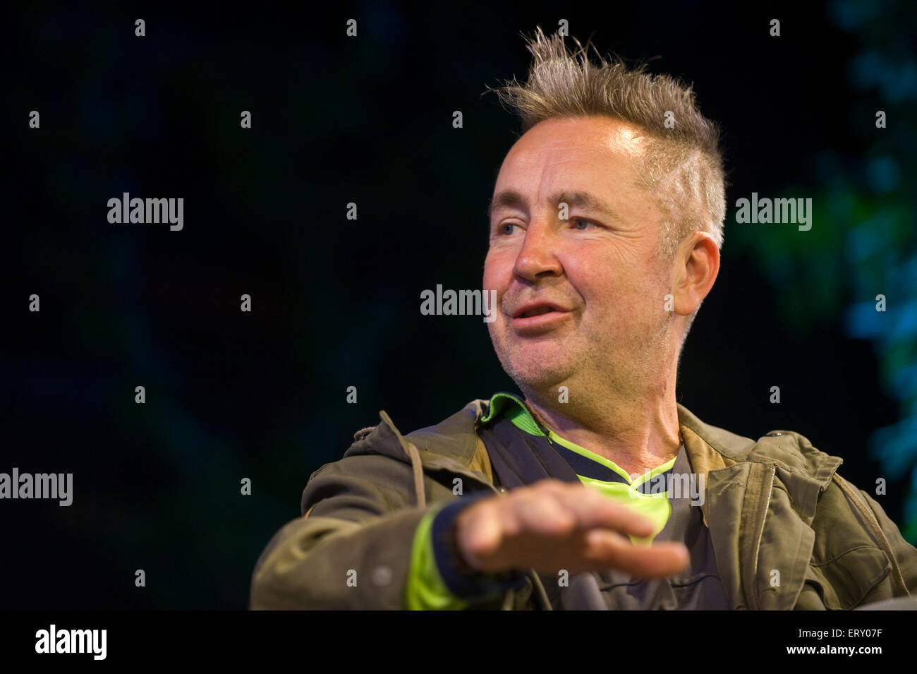 Nigel Kennedy, violinist, musician, speaking on stage at Hay Festival