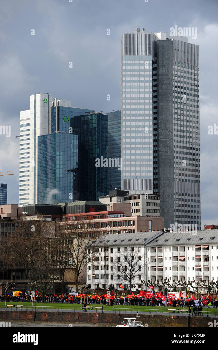 Protest march in Frankfurt am Main Germany during euro crisis with bank towers Stock Photo