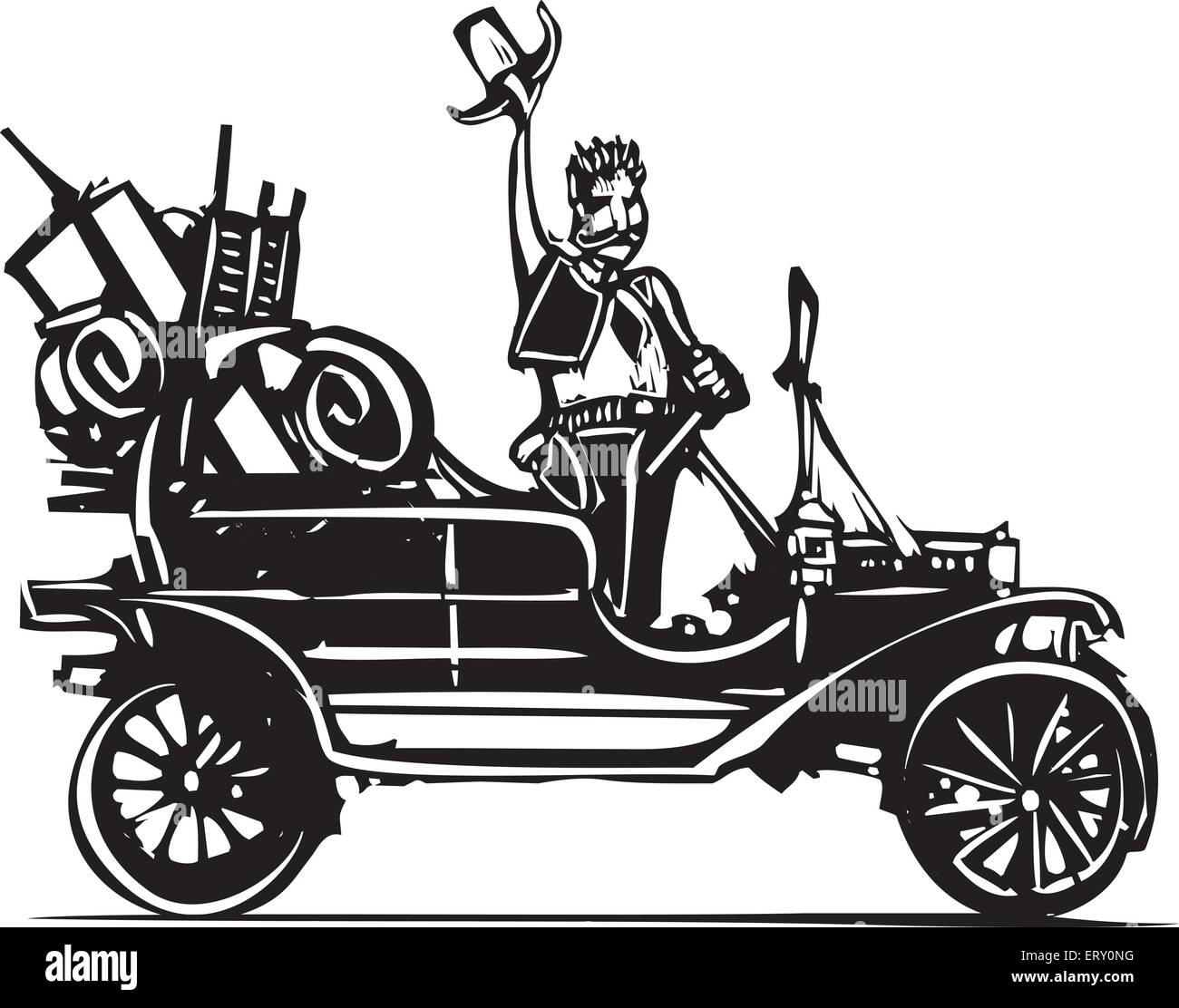 Woodcut style expressionist image of a wild west sheriff in a junk filled vintage car Stock Vector