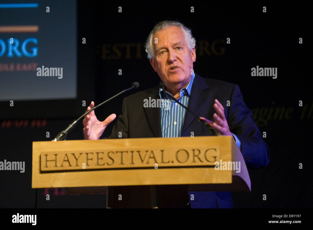 Peter Hain former Labour MP speaking on stage at Hay Festival 2015 Stock Photo