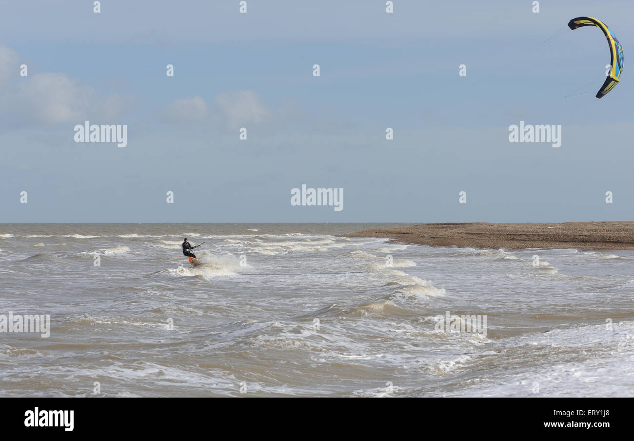 Kite surfer off the beach at Whitstable  Whitstable, Kent, UK. Stock Photo