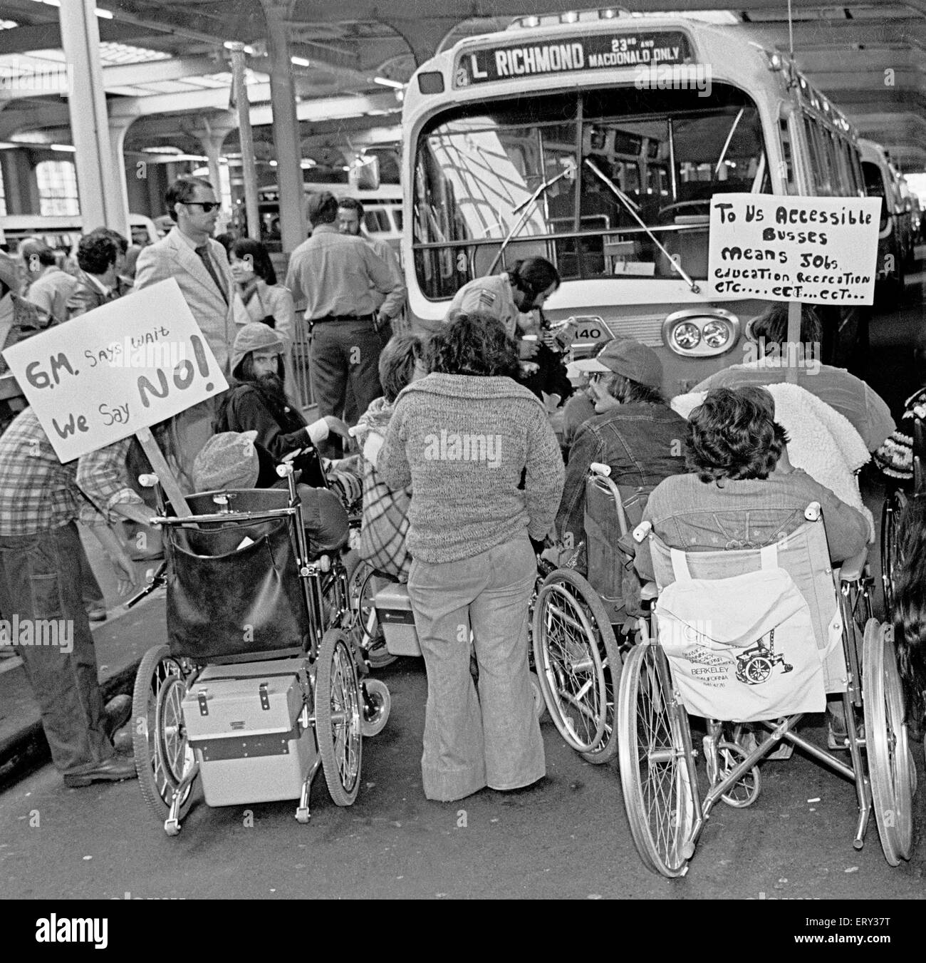 disabled activist protest lack of access to public transit. 1970s Stock Photo