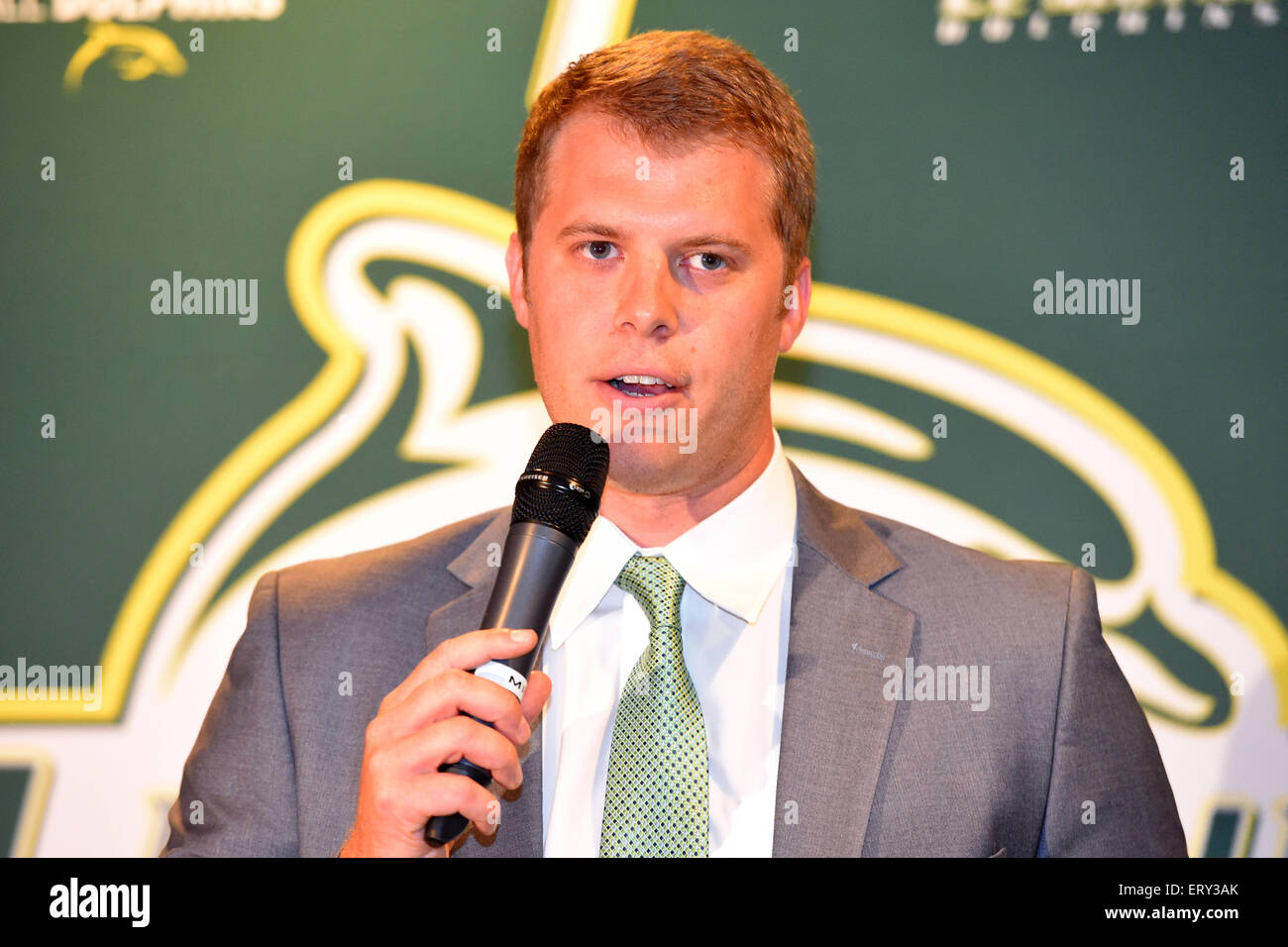 June, 9 2015: Patrick Beilein speaks to the media after being introduced as the new head coach of the Le Moyne Dolphins in Syracuse, New York. Beilein, is the son of current University of Michigan head coach John Beilein (not pictured). Rich Barnes/CSM Stock Photo