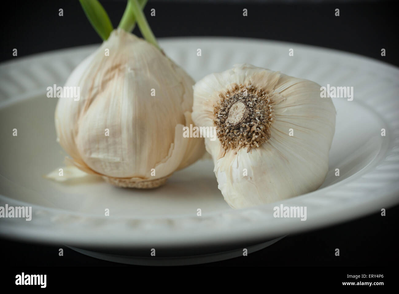 Two garlic bulbs, one sprouted, sit on a white plate on a black background. Stock Photo