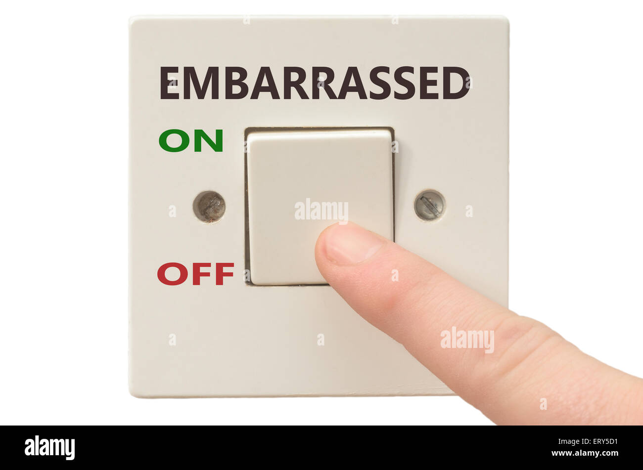 Turning off Embarrassed with finger on electrical switch Stock Photo Alamy