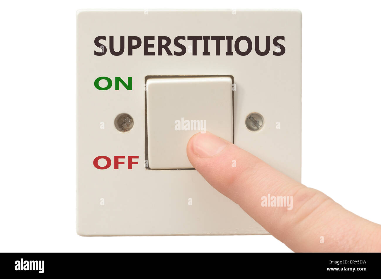 Turning off Superstitious with finger on electrical switch Stock Photo