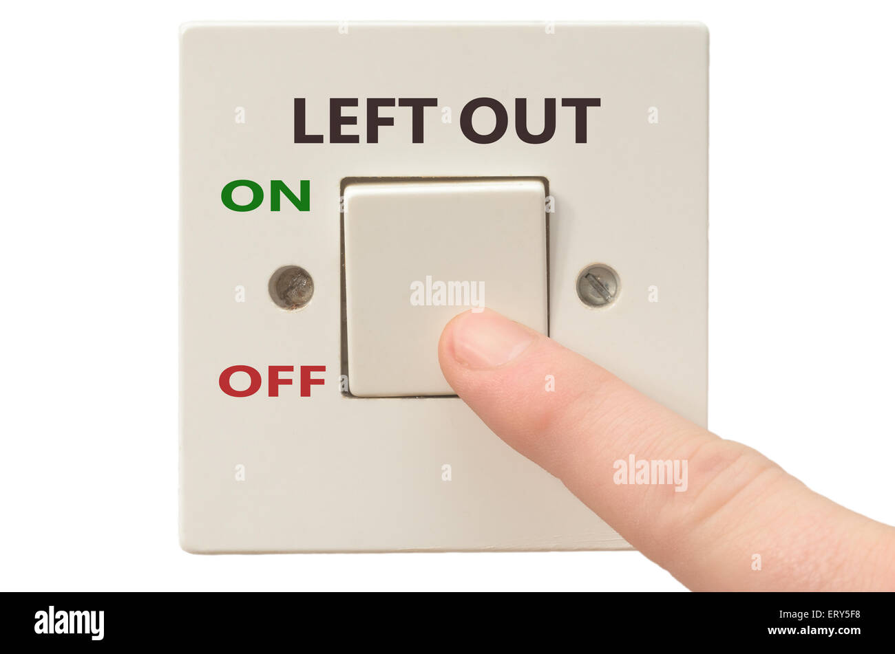 Turning off Left out with finger on electrical switch Stock Photo