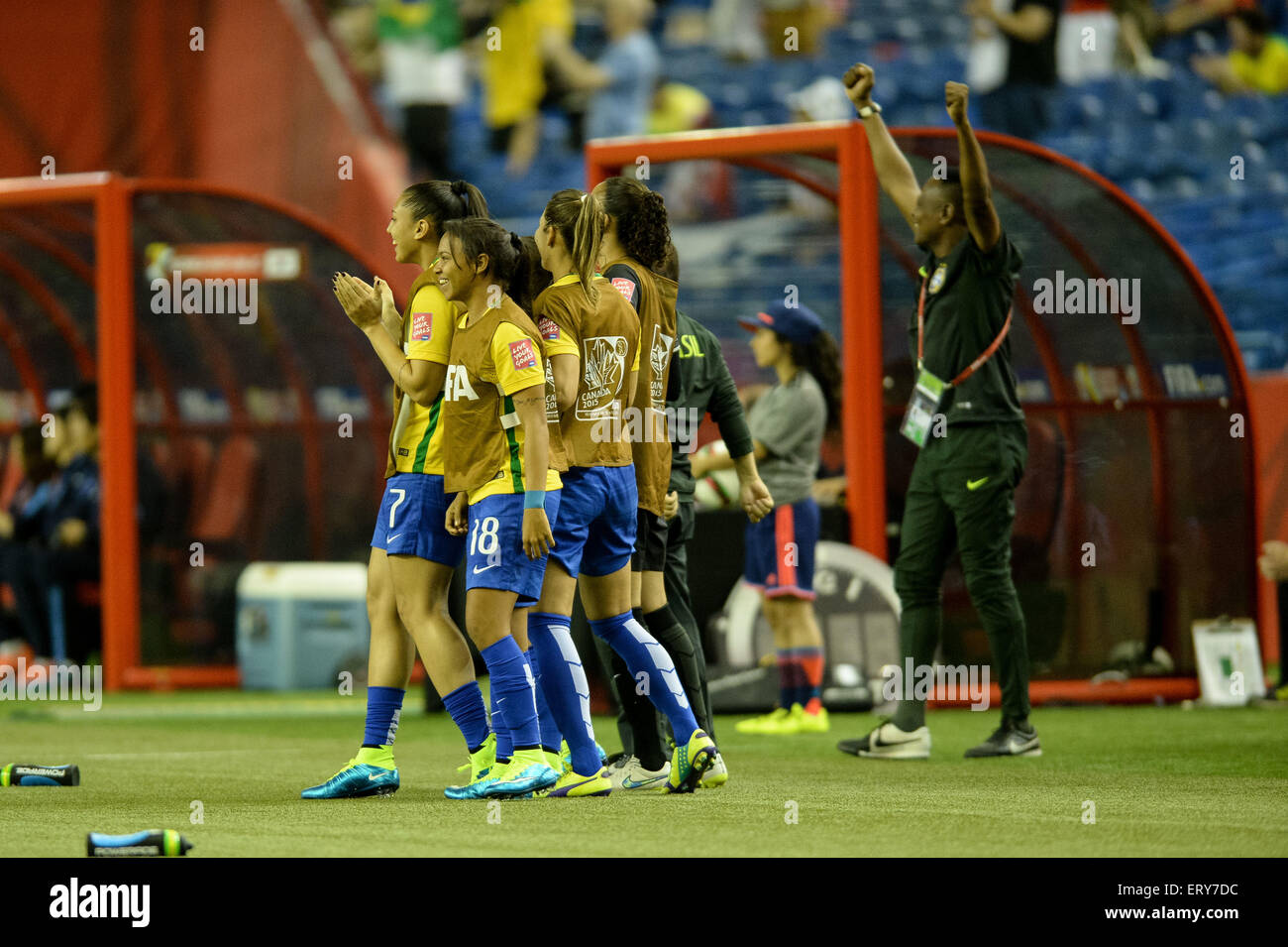 Montreal, Canada. 09th June, 2015. Brazil substitute players celebrating the first goal during the Fifa Womens World Cup Group E match between Brazil and South Korea at Olympic Stadium in Montreal, Canada on May 10, 2015. Credit:  Cal Sport Media/Alamy Live News Stock Photo