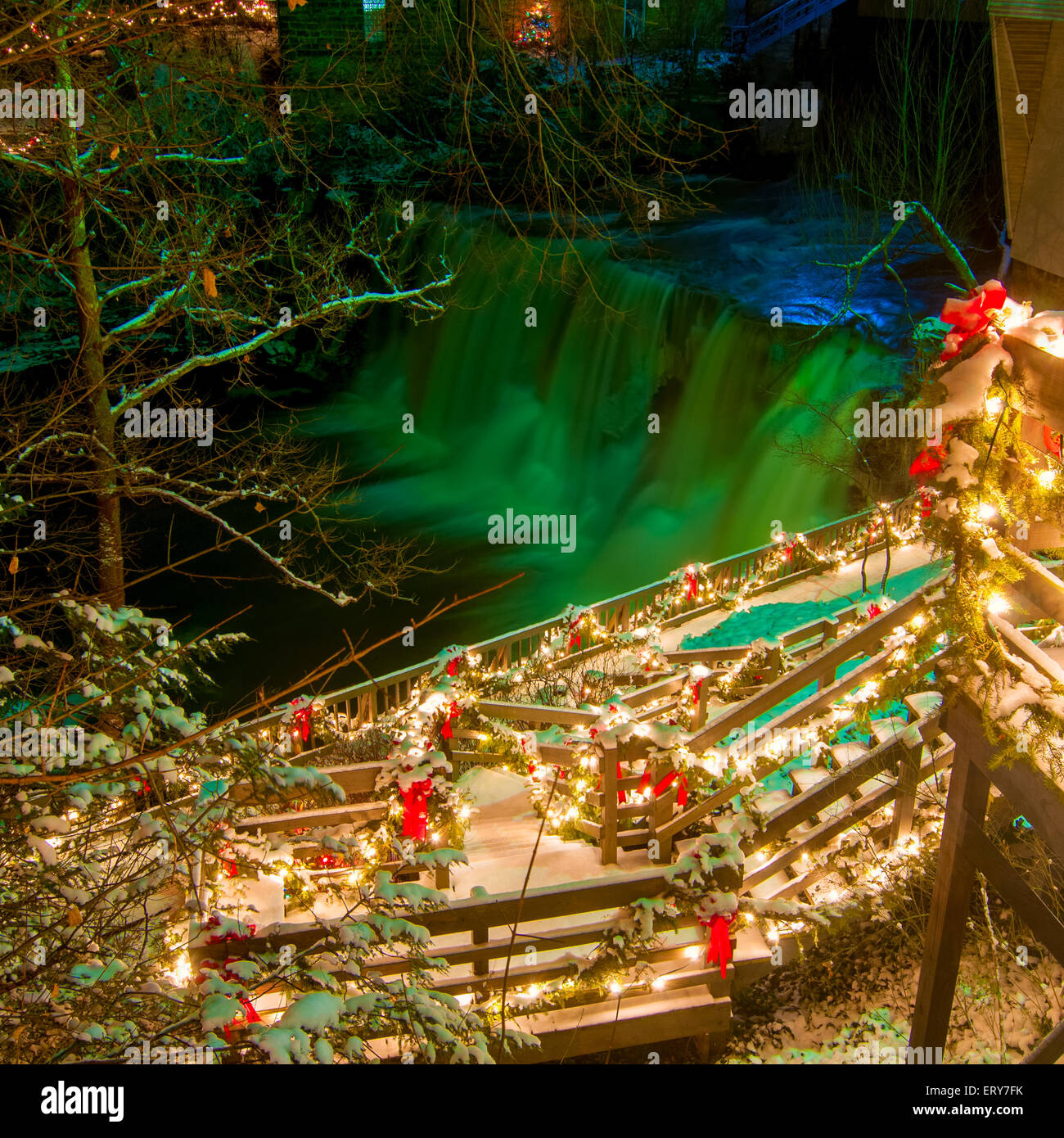 The falls in Chagrin Falls, Ohio, and its viewing platform are lit up