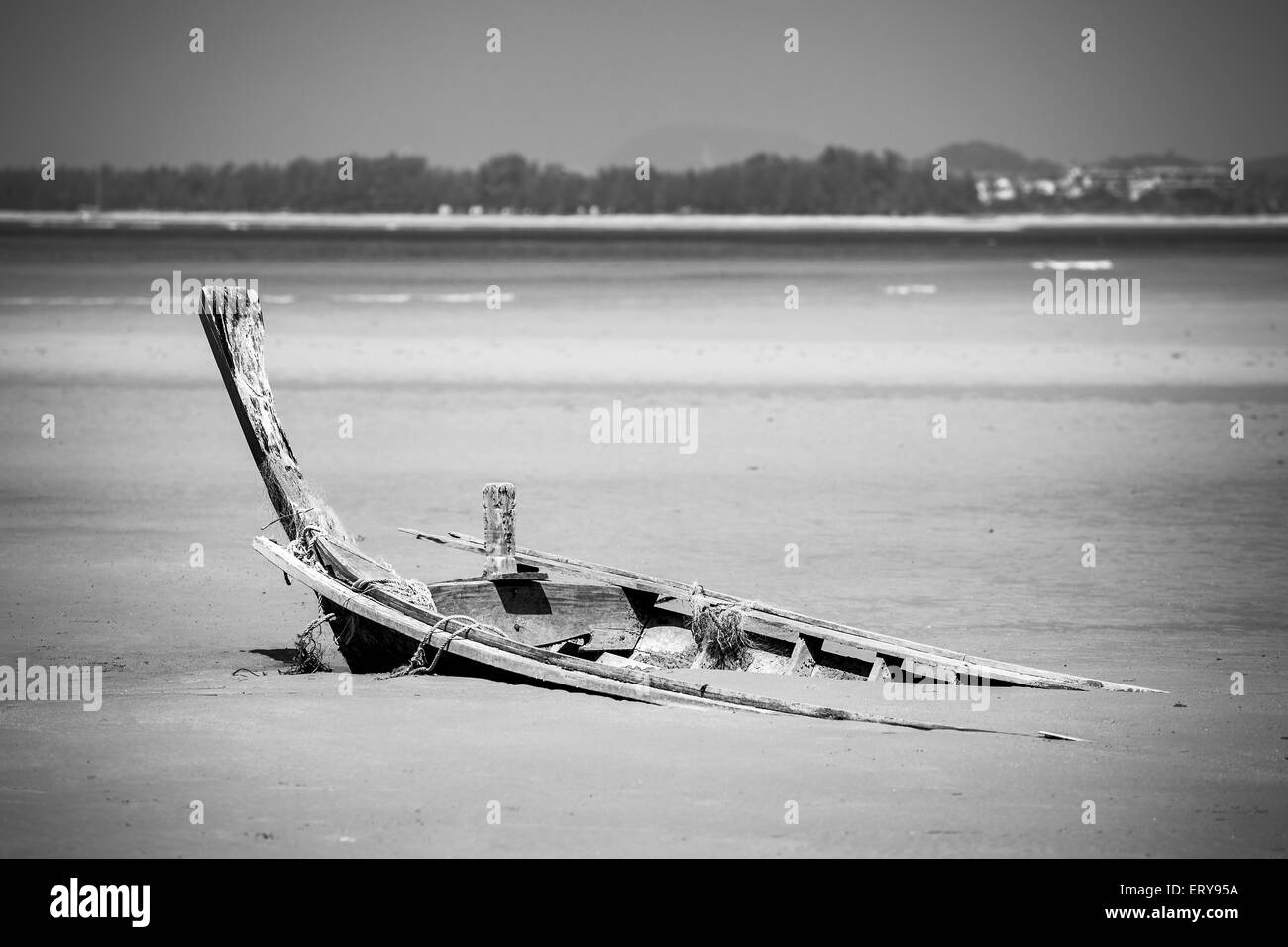 Old distressed image of a old fishing boat in black and white Stock ...