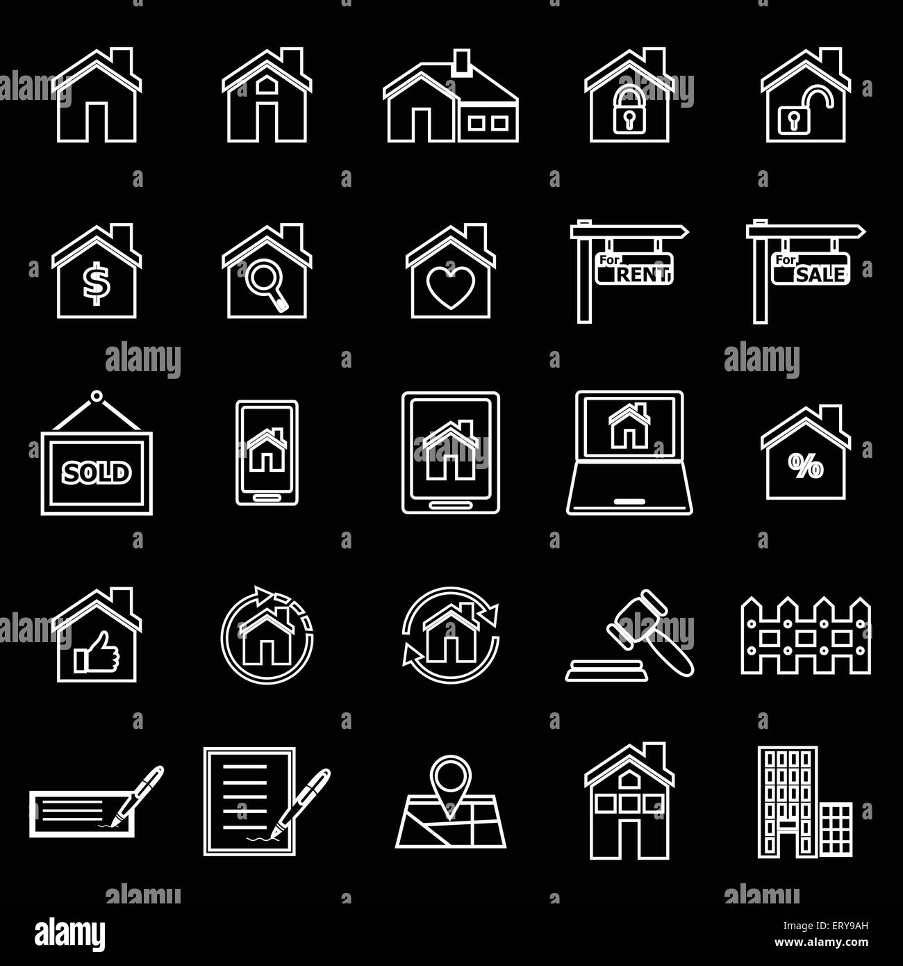 Real estate line icons on black background, stock vector Stock Vector ...