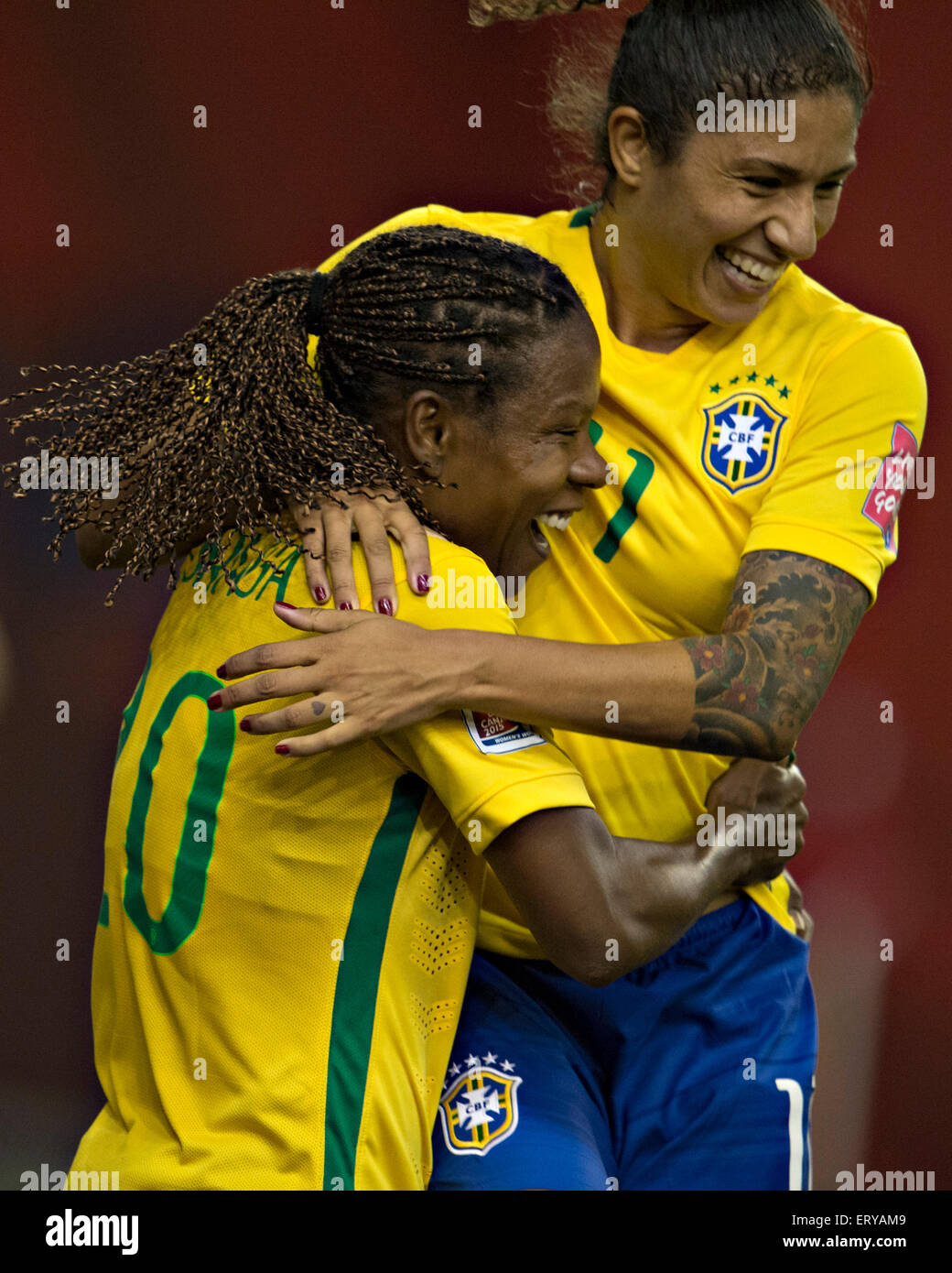 Montreal, Canada. 9th June, 2015. Formiga (L) of Brazil celebrates scoring with teammate Cristiane during the group E match against South Korea at the 2015 FIFA Women's World Cup in Montreal, Canada, on June 9, 2015. Brazil won 2-0. © Andrew Soong/Xinhua/Alamy Live News Stock Photo