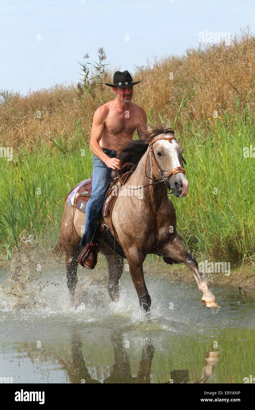 man rides American Paint Horse Stock Photo