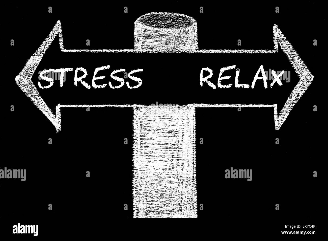 Opposite arrows with Stress versus Relax. Hand drawing with chalk on blackboard. Choice conceptual image Stock Photo - Alamy