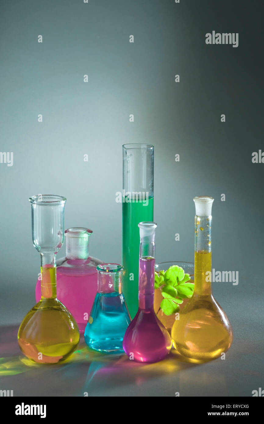 Colorful chemicals laboratory chemistry apparatus ; India , asia Stock