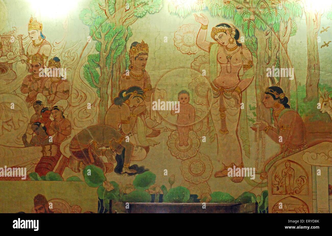 Lord Buddha life frescoes wall paintings inside Mulagandha Kuti Vihara Monastery , Sarnath , Varanasi ; Uttar Pradesh , India , asia Stock Photo