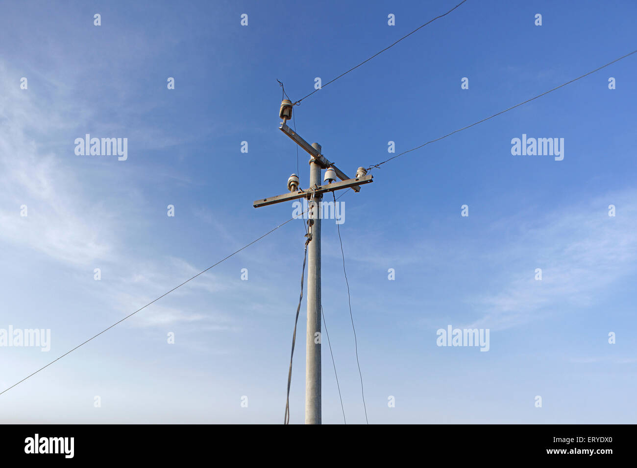 Telephone link pole wires ; taluka Junnar ; district Pune ; Maharashtra ; India , asia , utility pole , column , post , overhead wire , pole line , Stock Photo