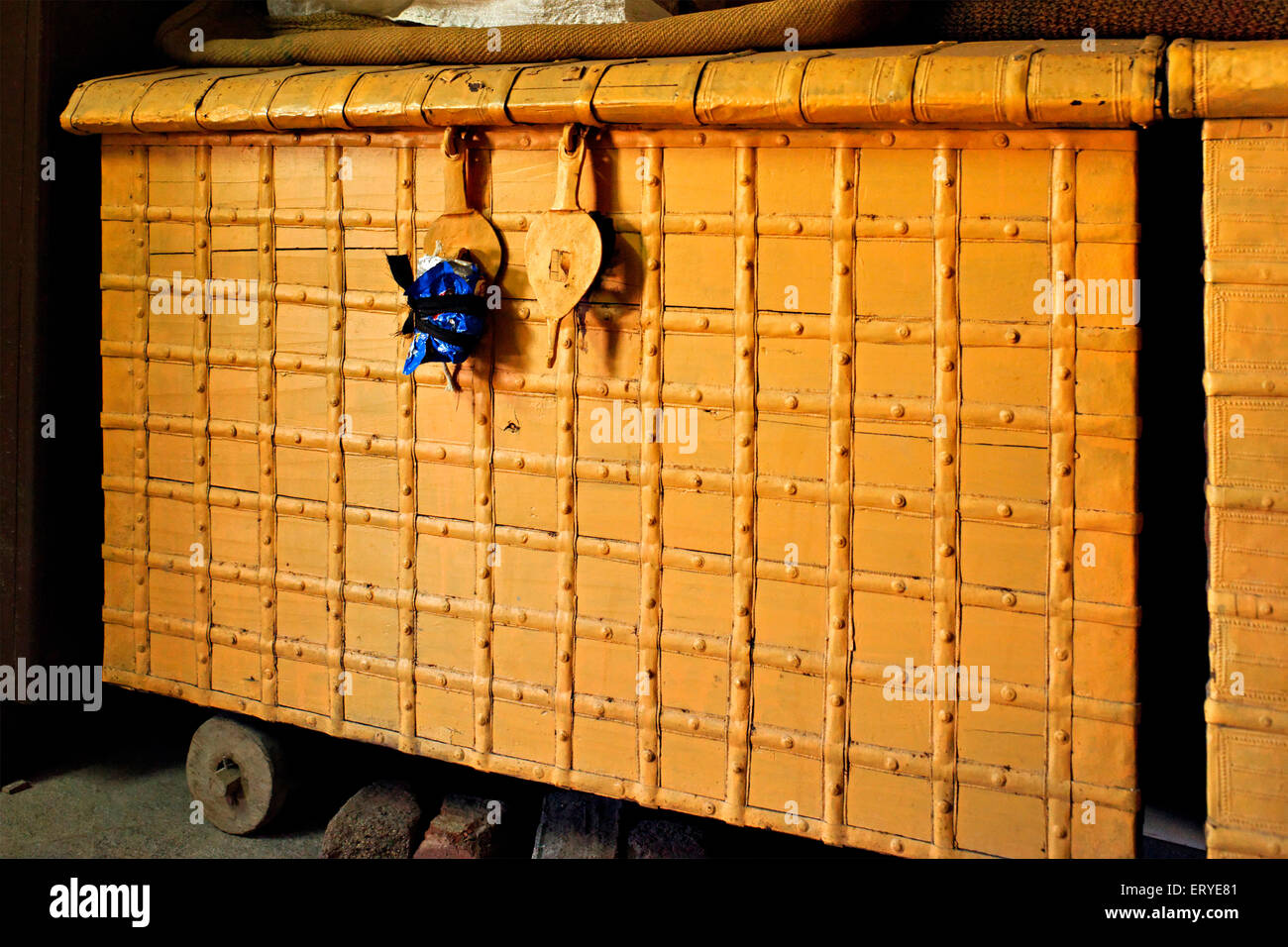 Old sealed iron strapped wooden box ; Mota Devaliya , Babra Taluka , district Amreli ; Saurashtra ; Gujarat ; India , Asia Stock Photo