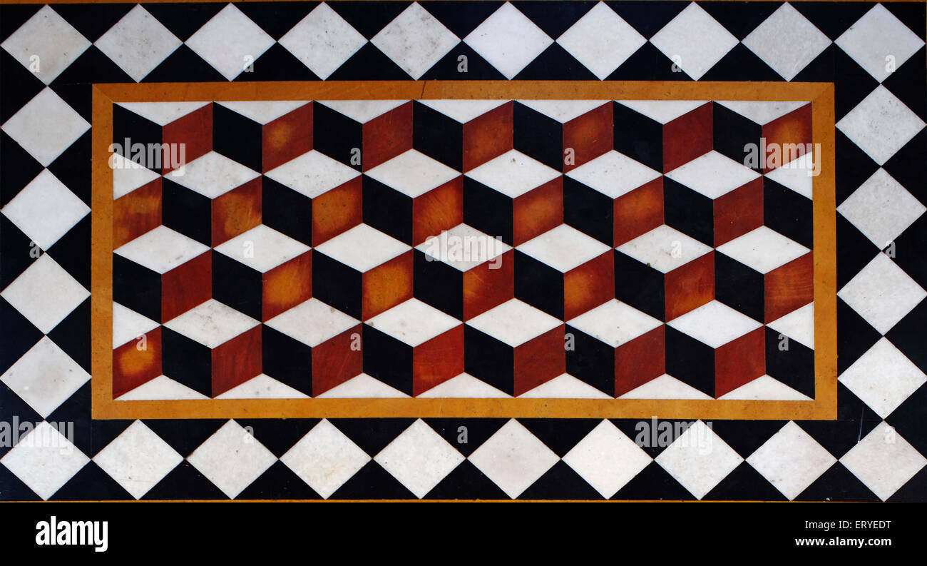 hexagonal qbert design floor tiles , geometry , rhombille tiling , cubes , Swaminarayan temple ; BAPS ; Gondal ; Rajkot ; Gujarat ; India , asia Stock Photo