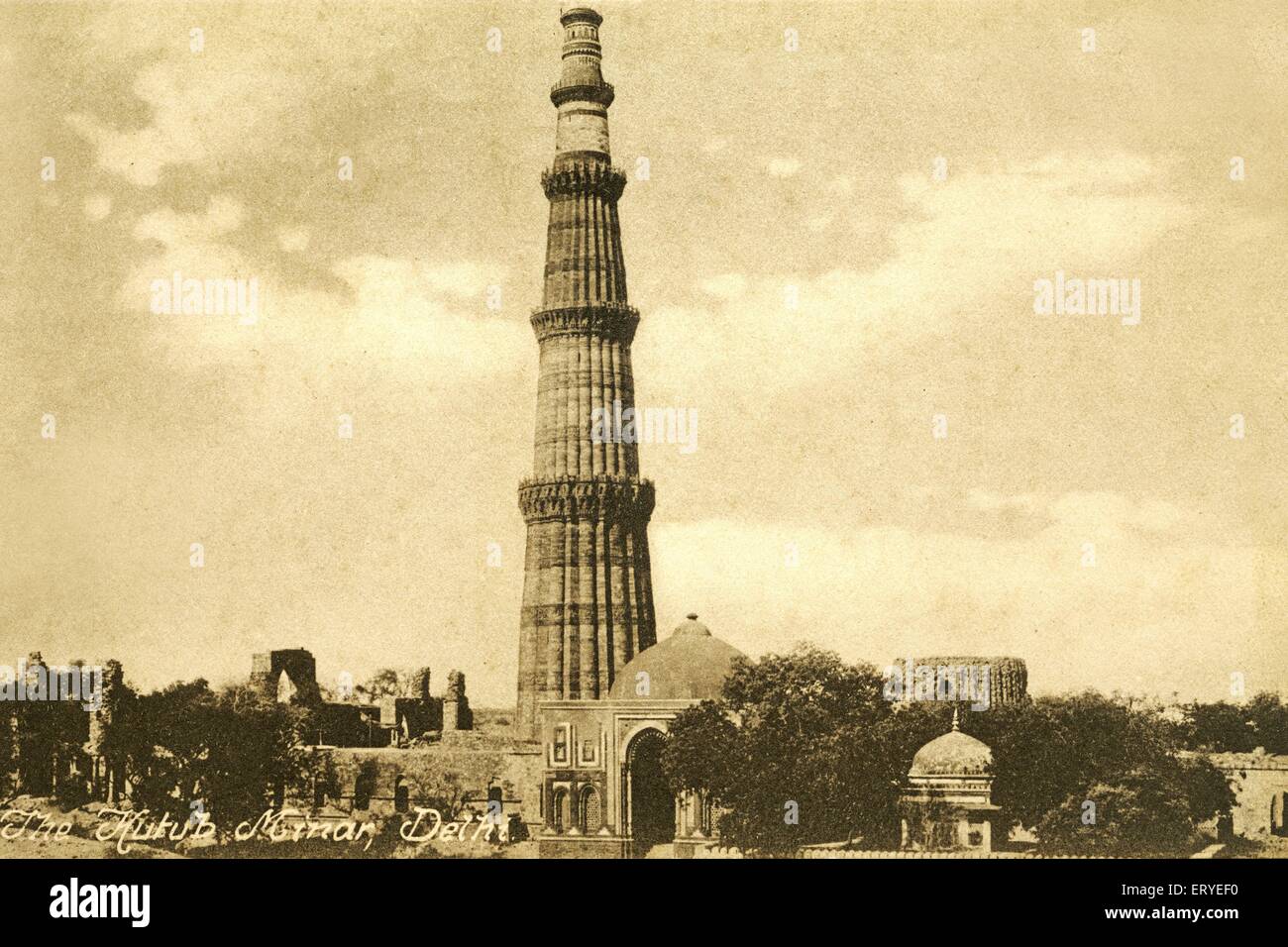 old picture vintage 1900s ; Qutb Minar , Kutub Minar now world heritage site ; Delhi ; India Stock Photo