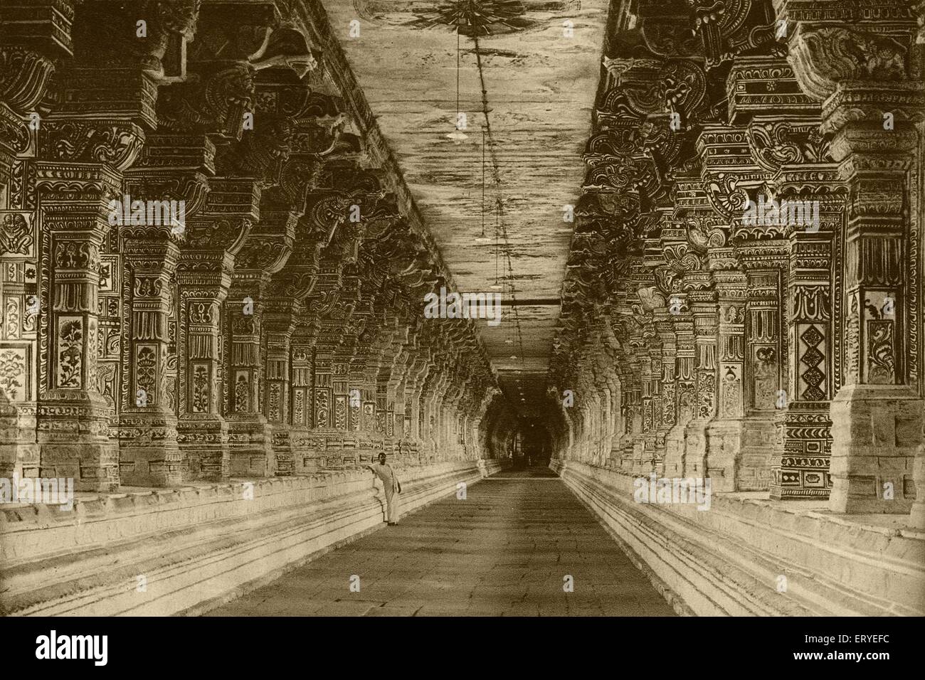 Old vintage 1900s Ramanathaswamy Hindu Shiva temple hall of pillars , Rameswaram Ramnathpuram , Tamil Nadu , India - AAD 160923 Stock Photo