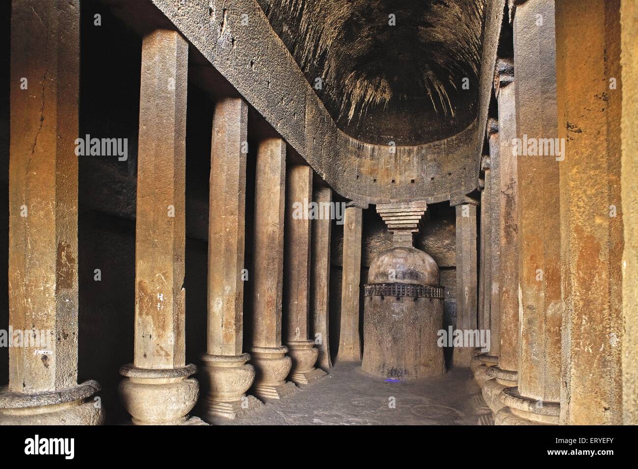Pillars and stupa in cave temple hinyana pandav caves first century BC to second century AD ; Satavahana ; Nasik Stock Photo